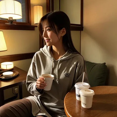 beautiful american woman、I&#39;m at a Japanese-style inn., Im wearing a hoodie, facing forward、Im drinking coffee、Beautiful Japanese inn