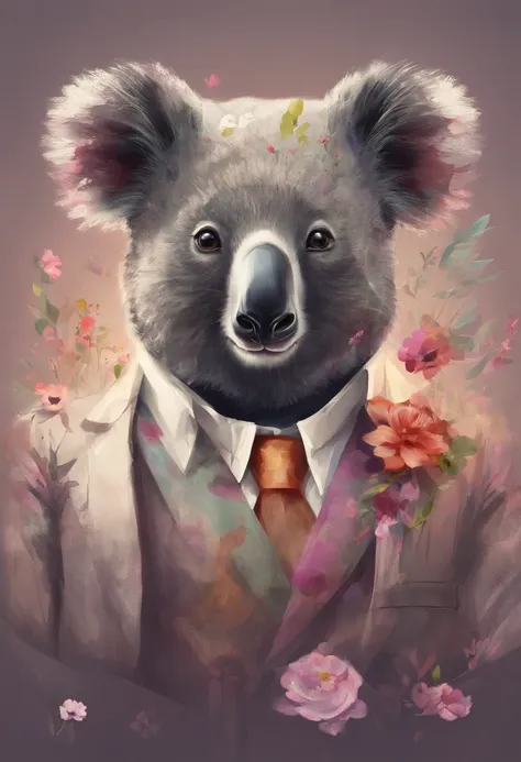 anthropomorphic koala, de cuerpo entero, vestido formalmente con un blazer, sostiene una bandeja, pegatina de panda, sticker de panda.