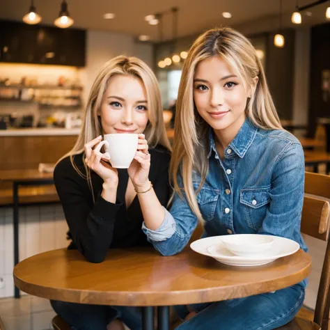 Pretty woman in cafe sitting at table with blonde and long hair、Coffee cup on table