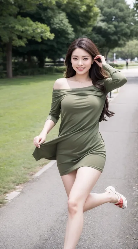 detailed,clear lines,best quality, master piece、Canon Photo Crystal Clear ,（realistically:1.2）, (olive casual dress)、action pose、((raise your leg and kick))、Take a full body photo、smile、Glamour body type、medium long hair、at the park