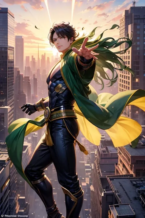 阿拉菲斯 wearing a green cloak standing on a platform in a bustling city, in an epic scene straight out of a Marvel movie. The city is vibrant and alive, with towering skyscrapers and bustling streets filled with people. The skyline is adorned with neon lights...