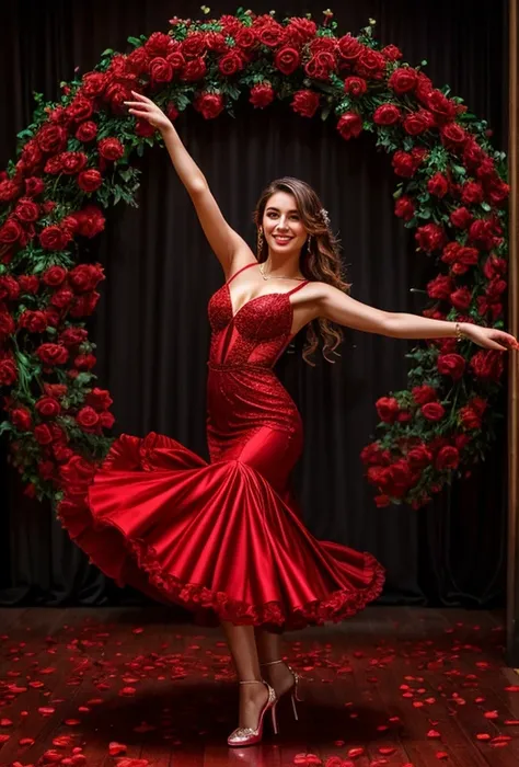 a woman in a red dress is dancing in a circle of roses, dancing gracefully, exploding roses, intricate and epic composition, dramatic powerful pose, in a red dream world, falling red petals, 8 k highly detailed , sensual dancing, she is dancing. realistic,...