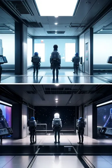 room view，A group of people are standing around, Imperial officer in white, Movie hologram, Holograms hover around her, Star Wars movie screenshots, Depicted as a science fiction scene, Alien screenshots, visual effects shoot, Someone is doing experiments ...