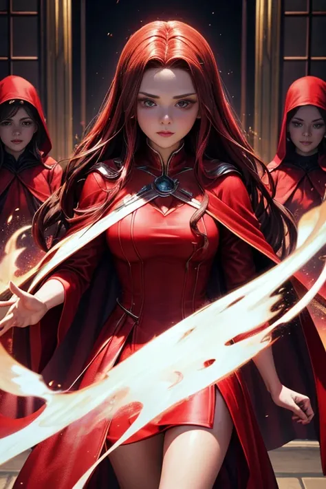 (best quality,4k,highres,masterpiece:1.2), 3 women standing in a dark room, all wearing red robes and red headscarves, Red Robe, wearing a red cult robe, Inspired by Netflixs "Arcane", Scarlet Witch, red magic swirling around her, wearing a red sorceress r...