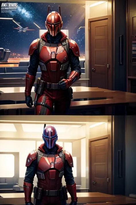 prompt: "A man in a red suit standing in a room, close-up shot, looking at a spaceship on a dock. From Avengers: Endgame (2019), a family leaving a spaceship. Movie screenshot from The Mandalorian (2019). The Mandalorian is still standing in a starry bar."