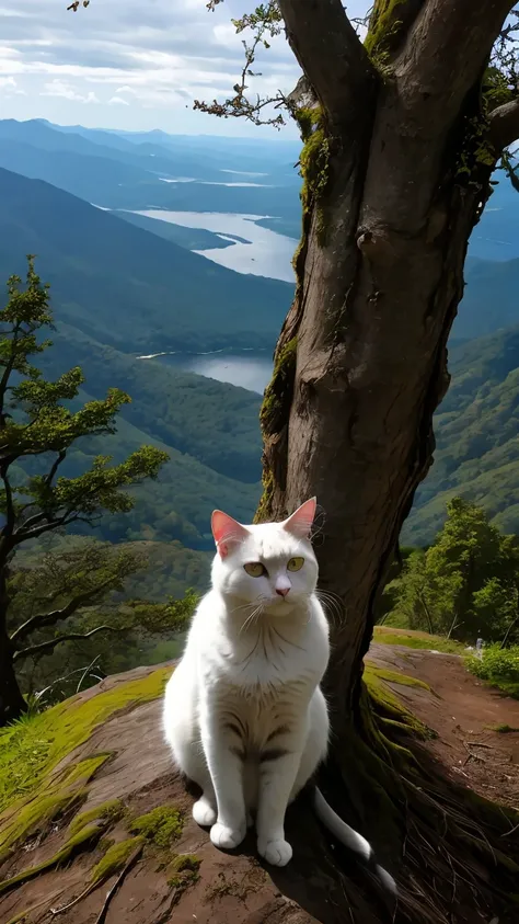 A fluffy cat sits near the roots of a tree on the side of a mountain, 8k, beatyful