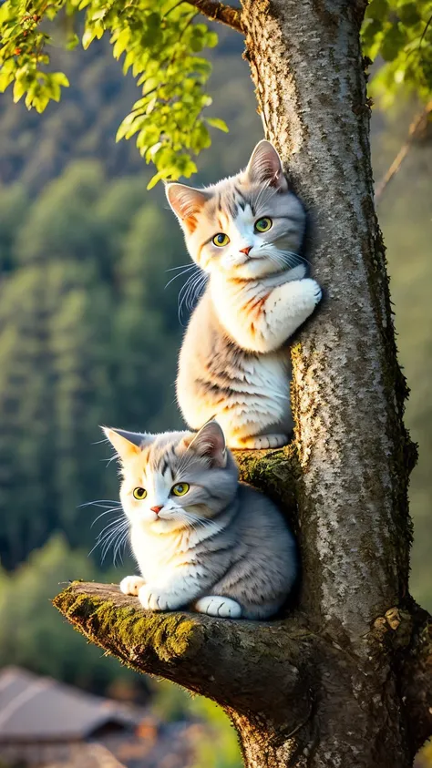 A fluffy cat sits near the roots of a tree on the side of a mountain