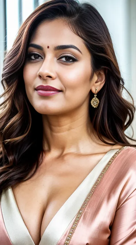 Most beautiful north Indian most attractive attitude young flirty gaze woman in her 40s, extra big cheast, 36d, light brown hair, trending on art-station, portrait, digital art, modern, sleek, highly detailed, formal, determined, pink liner lipstick, soft ...