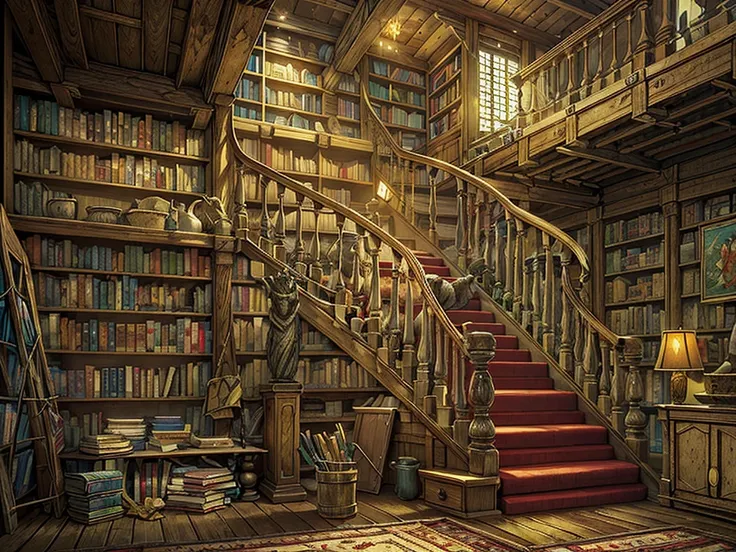 （（（masterpiece、Highest image quality、highest quality、highly detailed unity 8ｋwallpaper）））、（（（fantasy、grand library、Castle library）））、（Large amount of books、Lined bookshelves、large staircase、３Storey）、high ceilings、dimly lit room、A messy floor with piles of ...