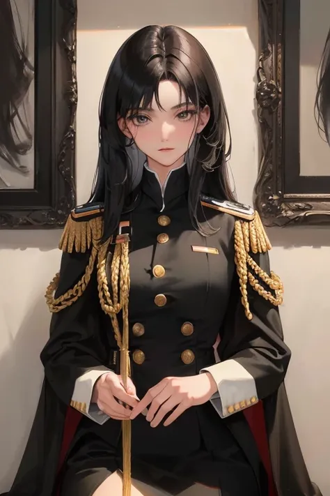 (highest resolution, distinct_image) best quality, woman, masterpiece, high detail, semi-realistic, short black hair, black hair, bangs, 21 years old, shoulder-length hair, mature, young, black clothes, black uniform, military academy beauty heroic heroic ...