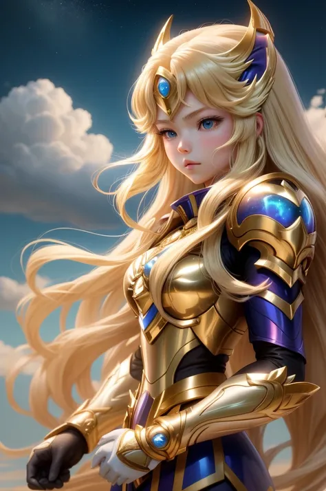  Saint Seiya，1 girl，blond，Gradient，Gradient背景，long hair，solo，1 girl，blond，bow，Gloves，long hair，Fantastic girl，solo ,