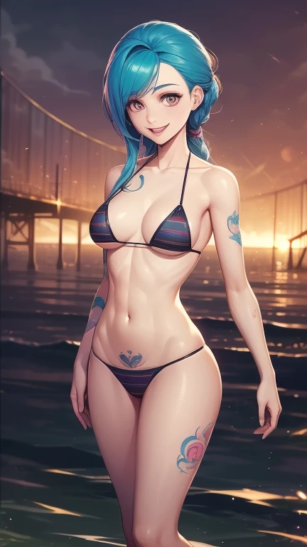 One girl, striped micro bikini, young, cute, beautiful girl,, huge breasts, wet body, perfect body, smile, seaside, best quality, super high definition, masterpiece, complete body, marked abs, light blue hair, detailed tattoos, at night, detailed skin