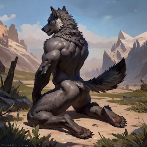 Blaidd the half wolf from elden ring, gray fur, seductive look with his back to the camera kneeling naked showing his feet and butt. By Taran Fiddler 