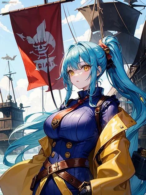 （（（masterpiece、Highest image quality、highest quality、highly detailed unity 8ｋwallpaper）））、（（Illustration of one girl、upper body））、（（（beautiful girl）））、（fantasy、female pirate）、（Light light blue hair、short ponytail：1.2、yellow eyes）、（（（Right hand is a prosthe...