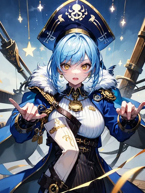 （（（masterpiece、Highest image quality、highest quality、highly detailed unity 8ｋwallpaper）））、（（Illustration of one girl、upper body））、（（（beautiful girl）））、（fantasy、female pirate）、（Light light blue hair、short ponytail：1.2、yellow eyes）、（（（Right hand is a prosthe...