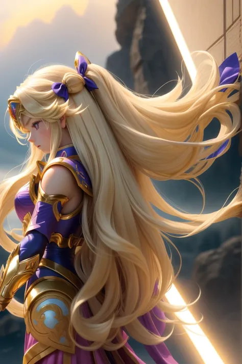  Saint Seiya，1 girl，blond，Gradient，Gradient背景，long hair，solo，1 girl，blond，bow，Gloves，long hair，Fantastic girl，solo ,