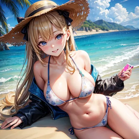 highest quality, masterpiece, blonde、gal、big breasts、tits、swimsuit、exposed、Slut、smug face、sandy beach、crowd