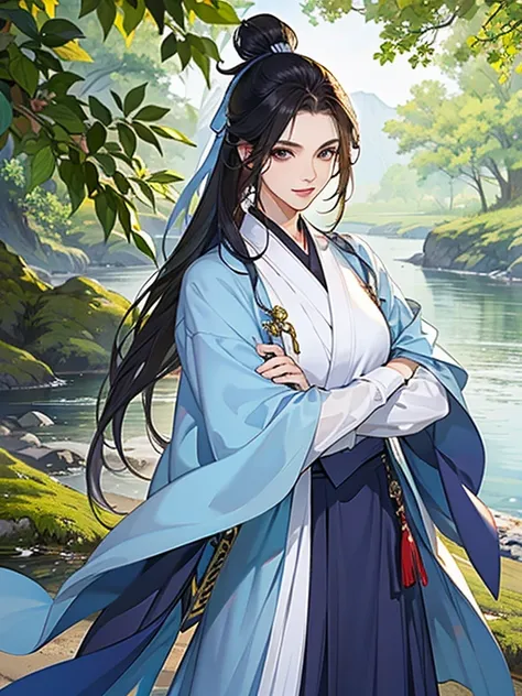 (best quality), ((masterpiece)), (highres), illustration, original, extremely detailed,licg, 1girl, weapon, long hair, 1boy, black hair, sword, crossed arms, holding, chinese clothes, looking at viewer, hanfu, holding weapon, long sleeves, hair bun, standi...