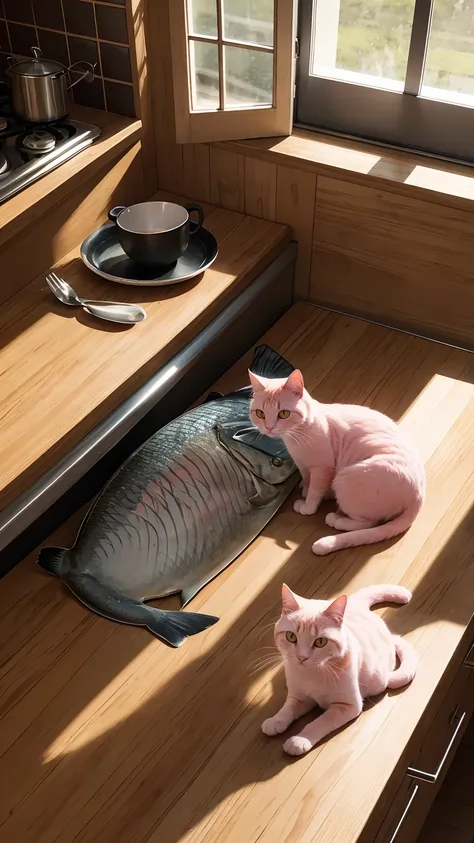 Pink cat, On the kitchen table, There is fish on the plate, and the sun was shining brightly, the detail, k hd,
