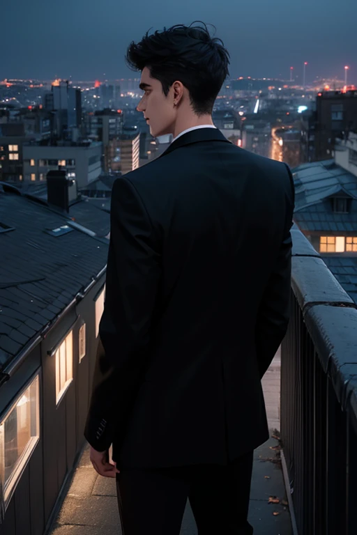 man aged 20, dressed in a long black blazer, short black hair, only the back and shoulders are visible, scene standing on the roof of a building, time at night, image color tends to be dark