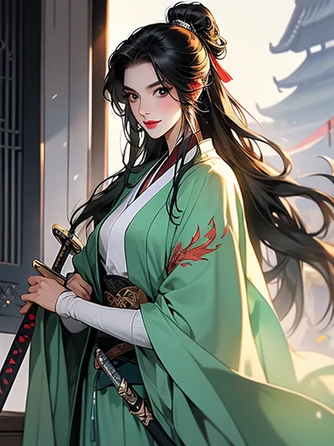 (best quality), ((masterpiece)), (highres), illustration, original, extremely detailed,licg, 1girl, weapon, long hair, 1boy, black hair, sword, crossed arms, holding, chinese clothes, looking at viewer, hanfu, holding weapon, long sleeves, hair bun, standi...