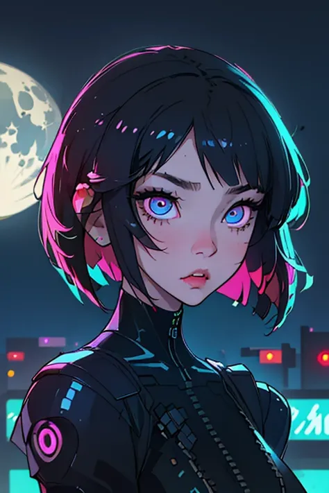 best quality,High resolution,beautiful detailed face、(highest quality, Masterpiece 1.2), (fine eyes:1.2), intricate details, 1 girl,city,nightの街、cyber punk, neon,neonlights, night, moon,short hair