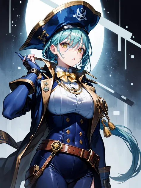 （（（masterpiece、Highest image quality、highest quality、highly detailed unity 8ｋwallpaper）））、（（Illustration of one girl、upper body））、（（（beautiful girl）））、（fantasy、female pirate）、（Light light blue hair、short ponytail：1.2、yellow eyes）、（（（Right hand is a prosthe...