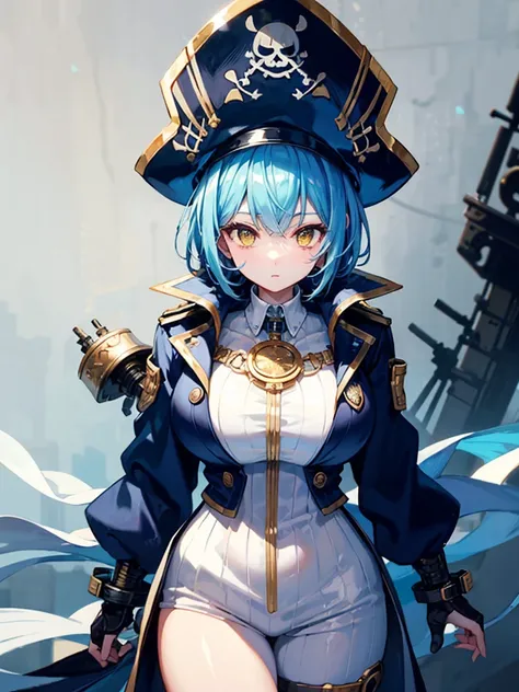 （（（masterpiece、Highest image quality、highest quality、highly detailed unity 8ｋwallpaper）））、（（Illustration of one girl、upper body））、（（（beautiful girl）））、（fantasy、female pirate）、（Light light blue hair、short ponytail：1.2、yellow eyes）、（（（Right hand is a prosthe...