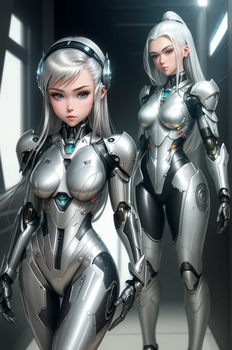 silver garment，tights，woman，Perfect body，Detail showcased，sexy，Fantasy，magic，Metal streamlined mecha，Streamlined machinery，Humanity，jumpsuit，Streamlined cyberpunk style，highest detail，Futurism，Perfect robot girl，cute cyborg girl，Cyborg-silver-haired girl，b...