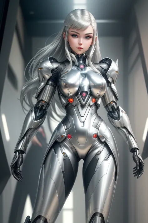 silver garment，tights，woman，Perfect body，Detail showcased，sexy，Fantasy，magic，Metal streamlined mecha，Streamlined machinery，Humanity，jumpsuit，Streamlined cyberpunk style，highest detail，Futurism，perfect girl，cute cyborg girl，Cyborg-silver-haired girl，beautif...