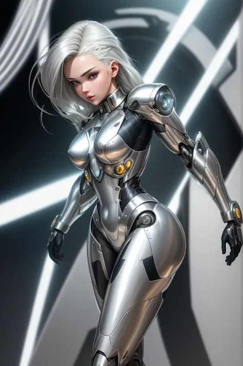 silver garment，tights，woman，Perfect body，Detail showcased，sexy，Fantasy，magic，Metal streamlined mecha，Streamlined machinery，Humanity，jumpsuit，Streamlined cyberpunk style，highest detail，Futurism，perfect girl，cute cyborg girl，Cyborg-silver-haired girl，beautif...