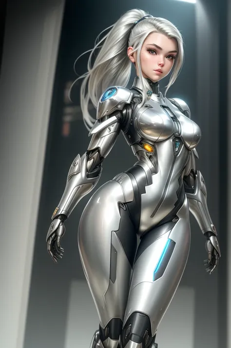 silver garment，tights，woman，Perfect body，Detail showcased，sexy，Fantasy，magic，Metal streamlined mecha，Streamlined machinery，Humanity，jumpsuit，Streamlined cyberpunk style，highest detail，Futurism，perfect girl，cute cyborg girl，Cyborg-silver-haired girl，beautif...