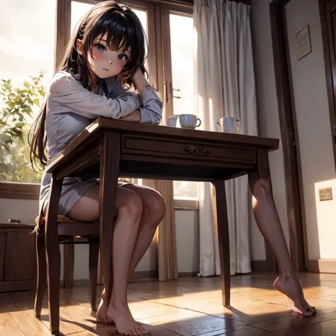 Beautiful girl with wise hair sits on the table facing lir and shows her bare feet and finds it really hot