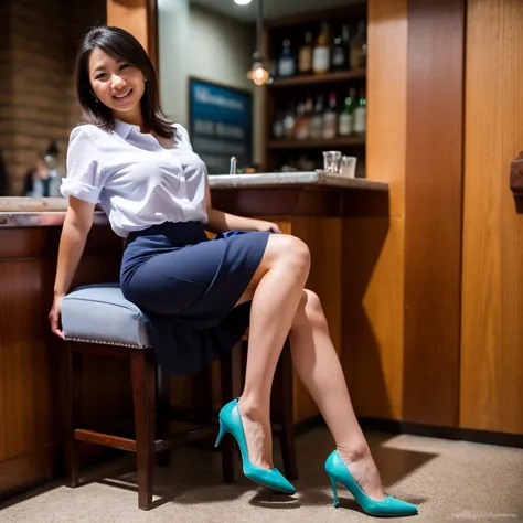 show entire body, feet in view, realistic, beautiful asian milf, corporate attire, short skirt, blue stockings, no shoes, crowde...