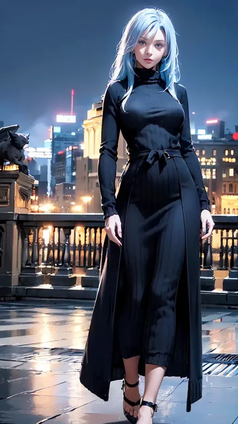  masterpiece, highest quality,(realistic: 1.4),ultra high resolution, unity 8k,symmetry, highly detailed face, perfect lighting, (perfect hands, perfect anatomy), (city background:1.3), ((black maxi knit dress:1.4, gown coat:1.3)), big breasts, thin waist,...