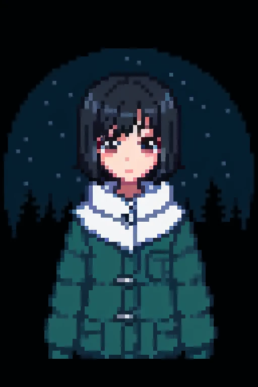 1 girl, black hair,short hair、whole body, Pixel World,nature, forest,winter, night sky