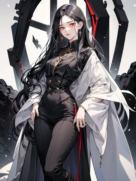 A woman with long straight black hair, sharp and piercing red eyes, skin white as snow, small flushed lips, small face, cold and reserved expression, has an ethereal look, hourglass body, tall.

Wearing a long black and gold fitted uniform with long black ...