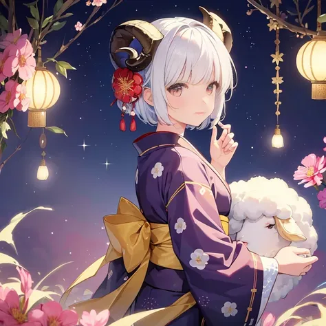 (Japanese pattern background of flowers), ((girl with sheep horns)), 1 girl, solo, short hair, with bangs, hair ornament, closed mouth, (brightly colored flowers), hair color as if melted night sky and twinkling stars, Japanese clothes, kimono, 12 constell...