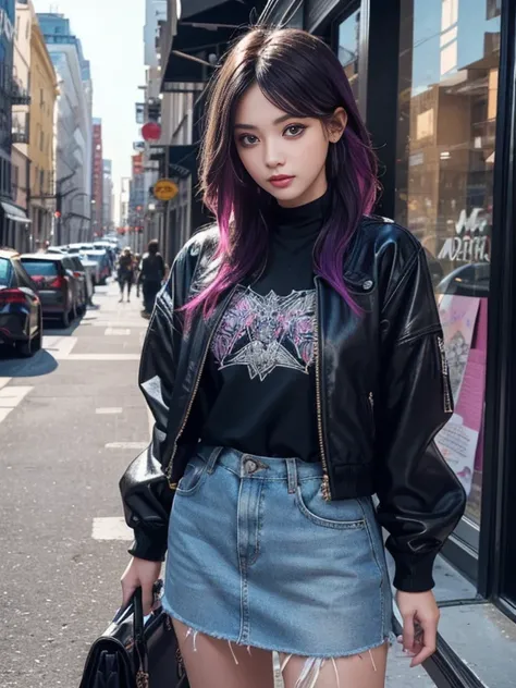 (best quality, hyper detailed, high quality, masterpiece)"Create an image of a fashionable and trendy gal-style girl. She should have colorful dyed hair, styled in a cute and edgy way. She should be wearing a trendy outfit with a mix of vibrant colors and ...