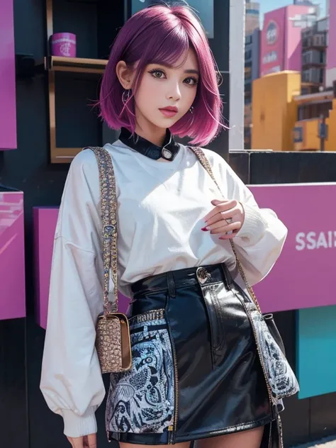 (best quality, hyper detailed, high quality, masterpiece)"Create an image of a fashionable and trendy gal-style girl. She should have colorful dyed hair, styled in a cute and edgy way. She should be wearing a trendy outfit with a mix of vibrant colors and ...