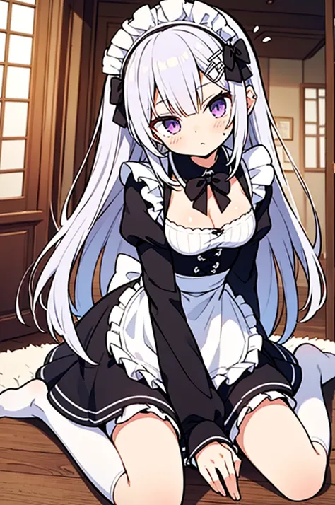 masterpiece, best quality, (focus alone), (perfect face:1.1), (high detail:1.1),1 doll girl, Super long white hair, purple eyes, medium sized breasts, Sophisticated black and white maid outfit, Clothes are tight on the body, A shy expression, indoor,  wari...