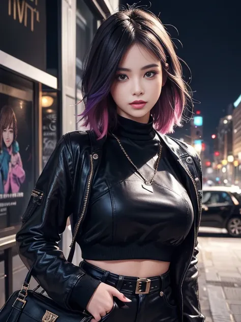 (best quality, hyper detailed, high quality, masterpiece)"Create an image of a fashionable and trendy gal-style girl. She should have colorful dyed hair, styled in a cute and edgy way. She should be wearing a trendy outfit with a mix of vibrant colors and ...