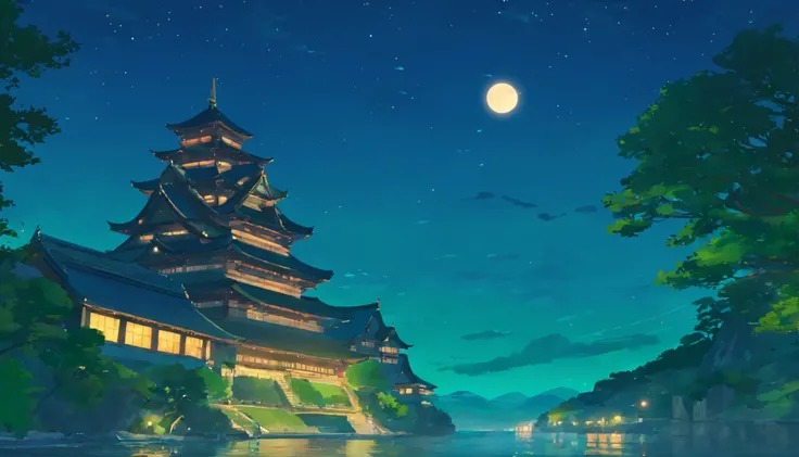 excellent image quality, Quiet night, The moon is shining, green空, Style similar to Japanese anime, Beautiful Japanese castle details,Akechi Mitsuhide&#39;s castle、cool japanese castle、game style、dramatic, Anime elements、basic red、green、black