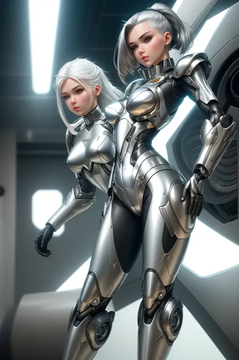 silver garment，tights，woman，Perfect body，Detail showcased，sexy，Fantasy，magic，Metal streamlined mecha，Streamlined machinery，Humanity，jumpsuit，Streamlined cyberpunk style，highest detail，Futurism，perfect girl，cute cyborg girl，Cyborg-silver-haired girl，beautif...