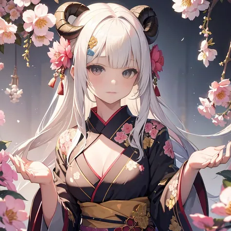 masterpiece, best quality, high-resolution, A girl adorned with sheep horns poses solo in front of a Japanese pattern background filled with brightly colored flowers. Her hair, platinum blonde with bangs, is accessorized with a hair ornament. Her closed mo...