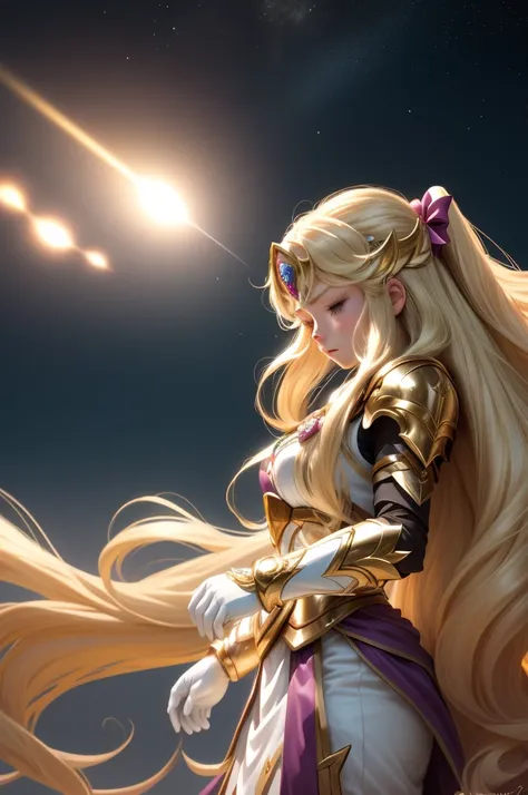  Saint Seiya，1 girl，blond，Gradient，Gradient背景，long hair，solo，1 girl，blond，bow，Gloves，long hair，Fantastic girl，solo ,