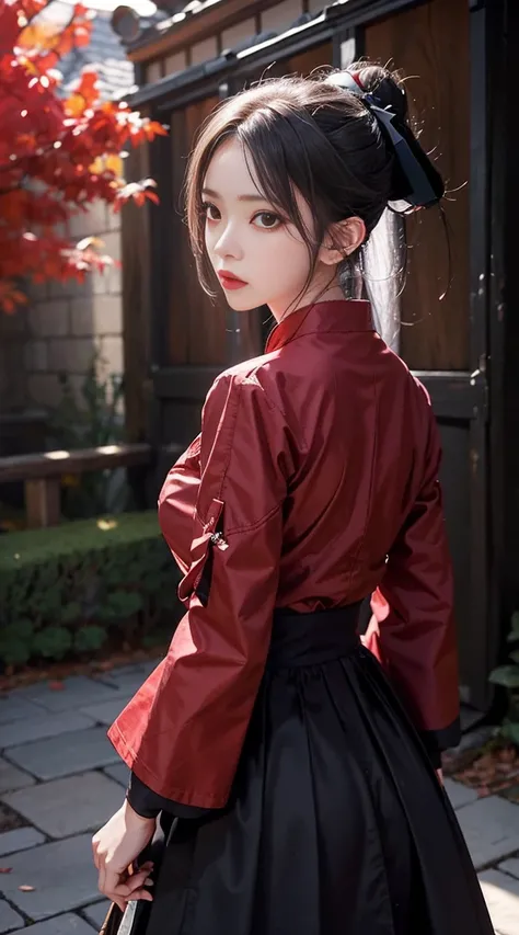 master piece，high quality，Girl with high ponytail，Take a knife，red color Hanfu，look around，background bokeh，long skirt，wide sleeve，night big tree background，anime style，serious expression。