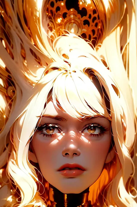 ((bbardot aesthetic)), ((masterpiece)),(((best quality))), ((mature face)), defined cheekbones, high cheekbones, illustration, ((muscular)), ((gold)), sexy bimbo, (large breasts) , blonde hair held by bandeau, ((detailed face:1.4)) beautiful woman, (white ...