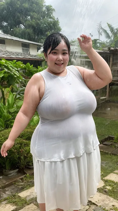 a slightly fat woman with a typical Indonesian face, 28 years old, wearing a sleeveless shirt made of white silk, wearing a white skirt made of silk, taking a rain shower, cheerful face, dancing, wet clothes, background in the yard of the house