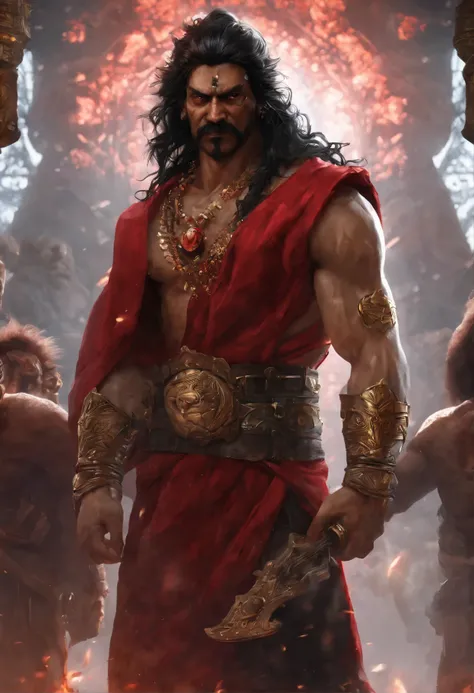 Ravan, king or srilanka ,a 52 years old man, proper eyes, proper hands, proper legs, moderate stature, has a big tail, Fire on the background, strongly built, broad-chested, narrow-waisted, and long-armed, one hand straignt pointing to something and a big ...